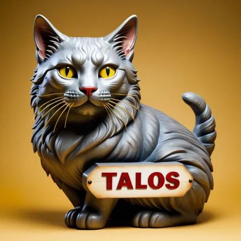 Cat shaped sign with text "Talos"