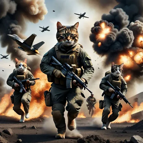 cinematic photo, realistic, modern battlefield cats versus humans, cats wearing modern combat camouflage uniforms, fighting on battlefield, guns, shots, fire, smoke, explosion, flying parts, film grain, 8k, uhd, insane detailed, award-winning photo, epic composition, movie poster