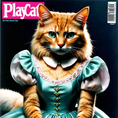 80s magazine cover scan of "Playcat", on front cover anthropomorphic cat wearing a pretty dress.