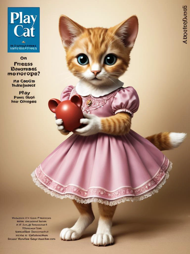 vintage magazine cover scan of "Play cat", on front cover anthropomorphic cat wearing a pretty dress, holding mouse in paws