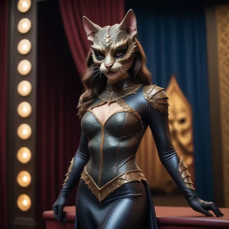 beautiful photo of girl as hybrid dragon cat cosplayer with scales, posing in front of theater curtain, wearing skirted catsuit, realistic 3d printed cat mask