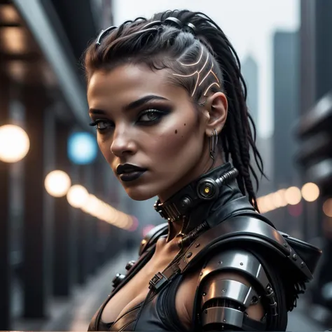A Photograph: Capture the allure of a young cyberpunk woman against a sleek, monochromatic urban backdrop. Moody lighting accentuates her confident gaze and edgy fashion.