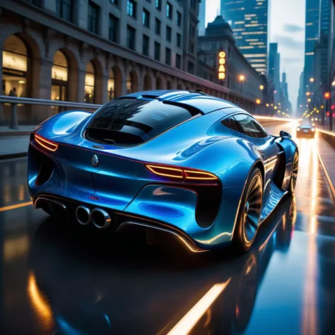 A Photograph of a sleek, futuristic dieselpunk sportscar roaring down a neon-lit, cybernetic highway, its metallic blue body reflecting the vibrant cityscape as it leaves a trail of electrifying blue flames in its wake.
