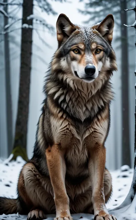 cinematic film still, wolf sitting, wild, forrest, snow