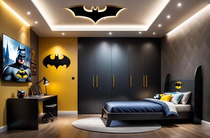 masterpiece, best quality, detailed, insanely detailed wide-angle architecture photography, cosy contemporary kids room, batman bed, bed in form of batman, bed for batman, bed in shape of batman, colourful wallpaper with superhero images, kids toys on the floor, kids beds with hero decoration, kids studying desk, interesting lights and shadows, toys on the bedroom floor, award-winning contemporary interior design, ARCHITECTURE, soft yellow colourful walls, medium yellow colourful walls, light wall colours and ceiling, medium soft taupe, ash aby colourful light, modern ceiling with cove light, style, led 65" screen with cartoon moviet floor tiles, photography, natural textures, natural light, colourful flooring, small batman logo on the wall with golden frame, small batman logo on the wall, small batman car on floor, natural blur, photorealism, cinematic rendering, ray tracing, highest quality, highest detail, Cinematic, Blur Effect, Long Exposure, 8K, Ultra-HD, Natural Lighting, Moody Lighting, Cinematic Lighting, hyper-realistic, vibrant, 8k, ultra detail