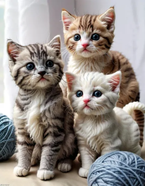 w00len <lora:WoolifySDXLv1:1>, a photorealistic close up picture of kittens made out of wool and yarn, yarn, (highly detailed:1.0),(masterpiece, best quality, realistic, detailed:1.1)