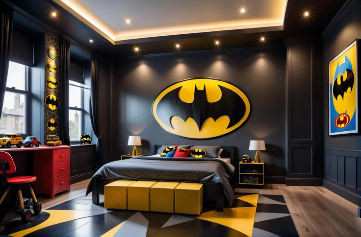 masterpiece, best quality, detailed, insanely detailed wide-angle architecture photography, cosy contemporary kids room, batman bed, bed in form of batman, bed for batman, bed in shape of batman, colourful wallpaper with superhero images, kids toys on the floor, kids beds with hero decoration, kids studying desk, interesting lights and shadows, toys on the bedroom floor, award-winning contemporary interior design, ARCHITECTURE, soft yellow colourful walls, medium black colourful walls, soft black colourful walls, medium yellow colourful walls, light wall colours and ceiling, medium soft taupe, ash aby colourful light, modern ceiling with cove light, movie style, led 65" screen with cartoon movie, soft floor tiles, photography, natural textures, natural light, colourful flooring, small batman logo on the wall with golden frame, small batman logo on the wall, small batman car toy on floor, natural blur, photorealism, cinematic rendering, ray tracing, highest quality, highest detail, Cinematic, Blur Effect, Long Exposure, 8K, Ultra-HD, Natural Lighting, Moody Lighting, Cinematic Lighting, hyper-realistic, vibrant, 8k, ultra detail