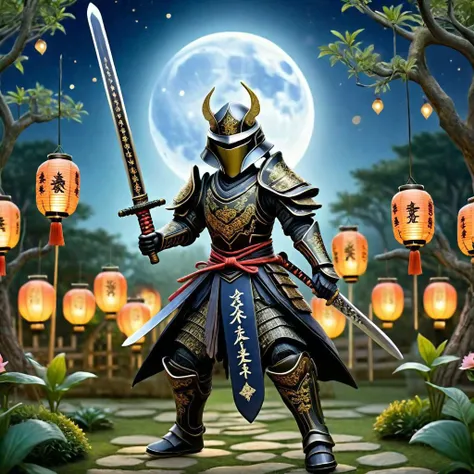 Realistic photo of girls ((flying+++, jumping+++, stabbing with a sword++)), wearing heavy samurai armor, a helmet on her head, ((holding a samurai sword above her head with both hands))+++, on backdrop of a magical garden. moonlight, the garden is decorated with lanterns.