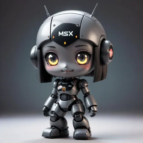 cute girl, black and grey chibi-like robot form, glowing eyes with cute anime-style expressions, ("MSX" written on head), retro-style clothing with pixel art motifs, happy, playful
