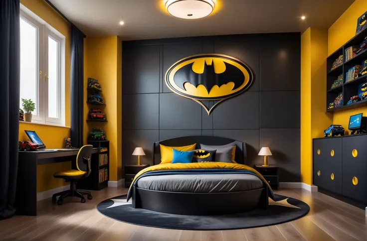 masterpiece, best quality, detailed, insanely detailed wide-angle architecture photography, cosy contemporary kids room, batman bed, bed in form of batman, bed for batman, bed in shape of batman, colourful wallpaper with superhero images, kids toys on the floor, kids beds with hero decoration, kids studying desk, interesting lights and shadows, toys on the bedroom floor, award-winning contemporary interior design, ARCHITECTURE, soft yellow colourful walls, medium yellow colourful walls, light wall colours and ceiling, medium soft taupe, ash aby colourful light, modern ceiling with cove light, style, led 65" screen with cartoon moviet floor tiles, photography, natural textures, natural light, colourful flooring, small batman logo on the wall with golden frame, small batman logo on the wall, small batman car on floor, natural blur, photorealism, cinematic rendering, ray tracing, highest quality, highest detail, Cinematic, Blur Effect, Long Exposure, 8K, Ultra-HD, Natural Lighting, Moody Lighting, Cinematic Lighting, hyper-realistic, vibrant, 8k, ultra detail