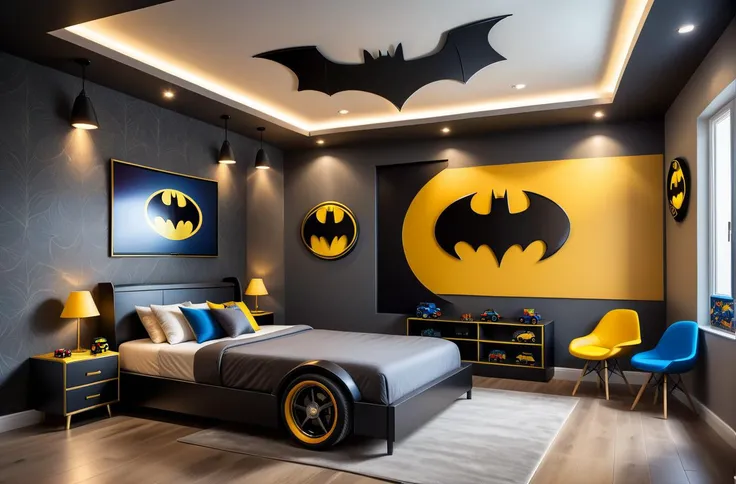 masterpiece, best quality, detailed, insanely detailed wide-angle architecture photography, cosy contemporary kids room, batman bed, bed in form of batman, bed for batman, bed in shape of batman, colourful wallpaper with superhero images, kids toys on the floor, kids beds with hero decoration, kids studying desk, interesting lights and shadows, toys on the bedroom floor, award-winning contemporary interior design, ARCHITECTURE, soft yellow colourful walls, medium yellow colourful walls, light wall colours and ceiling, medium soft taupe, ash aby colourful light, modern ceiling with cove light, style, led 65" screen with cartoon moviet floor tiles, photography, natural textures, natural light, colourful flooring, small batman logo on the wall with golden frame, small batman logo on the wall, small batman car on floor, natural blur, photorealism, cinematic rendering, ray tracing, highest quality, highest detail, Cinematic, Blur Effect, Long Exposure, 8K, Ultra-HD, Natural Lighting, Moody Lighting, Cinematic Lighting, hyper-realistic, vibrant, 8k, ultra detail