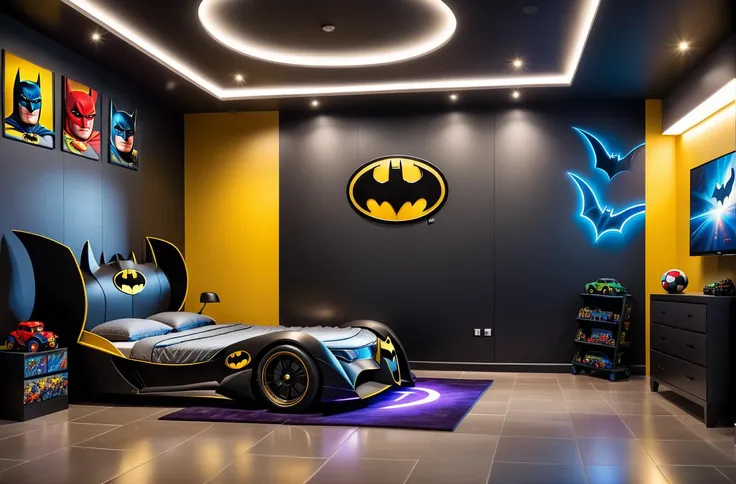 masterpiece, best quality, detailed, insanely detailed wide-angle architecture photography, cosy contemporary kids room, batman bed, bed in form of batman, bed for batman, bed in shape of batman, colourful wallpaper with superhero images, kids toys on the floor, kids beds with hero decoration, kids studying desk, interesting lights and shadows, toys on the bedroom floor, award-winning contemporary interior design, ARCHITECTURE, soft yellow colourful walls, medium black colourful walls, soft black colourful walls, medium yellow colourful walls, light wall colours and ceiling, medium soft taupe, ash aby colourful light, modern ceiling with cove light, style, led 65" screen with cartoon moviet floor tiles, photography, natural textures, natural light, colourful flooring, small batman logo on the wall with golden frame, small batman logo on the wall, small batman car on floor, natural blur, photorealism, cinematic rendering, ray tracing, highest quality, highest detail, Cinematic, Blur Effect, Long Exposure, 8K, Ultra-HD, Natural Lighting, Moody Lighting, Cinematic Lighting, hyper-realistic, vibrant, 8k, ultra detail