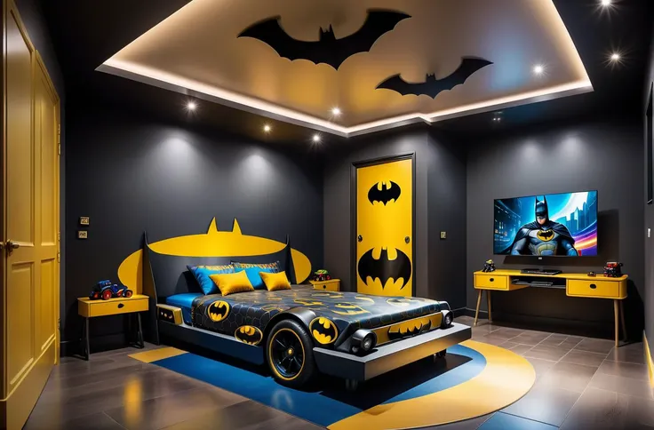 masterpiece, best quality, detailed, insanely detailed wide-angle architecture photography, cosy contemporary kids room, batman bed, bed in form of batman, bed for batman, bed in shape of batman, colourful wallpaper with superhero images, kids toys on the floor, kids beds with hero decoration, kids studying desk, interesting lights and shadows, toys on the bedroom floor, award-winning contemporary interior design, ARCHITECTURE, soft yellow colourful walls, medium black colourful walls, soft black colourful walls, medium yellow colourful walls, light wall colours and ceiling, medium soft taupe, ash aby colourful light, modern ceiling with cove light, movie style, led 65" screen with cartoon movie, soft floor tiles, photography, natural textures, natural light, colourful flooring, small batman logo on the wall with golden frame, small batman logo on the wall, small batman car on floor, natural blur, photorealism, cinematic rendering, ray tracing, highest quality, highest detail, Cinematic, Blur Effect, Long Exposure, 8K, Ultra-HD, Natural Lighting, Moody Lighting, Cinematic Lighting, hyper-realistic, vibrant, 8k, ultra detail