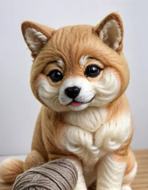 w00len <lora:WoolifySDXLv1:1.2>, a photorealistic close up picture of a cute Shiba Inu dog made out of wool and yarn, yarn, (highly detailed:1.0),(masterpiece, best quality, realistic, detailed:1.1)