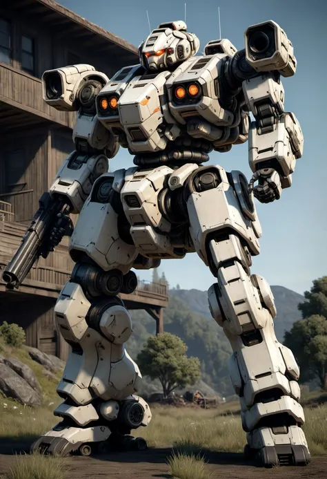 3d model, 8k, masterpiece, sidelighting, hdr, high definition, (BATTLETECH:0.6), (mech), robot, a heavy mech, hawken, full body, holding gun, glowing ,<lora:srdxl_v1_5g:0.8>, high resolution, beautiful, highest quality, masterpiece, highly detailed