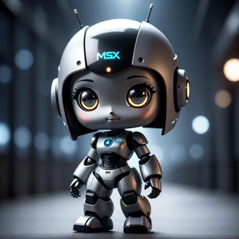 cinematic film still cute girl, black and grey chibi-like robot form, glowing eyes with cute anime-style expressions, ("MSX" written on head), retro-style clothing with pixel art motifs, happy, playful . shallow depth of field, vignette, highly detailed, high budget, bokeh, cinemascope, moody, epic, gorgeous, film grain, grainy