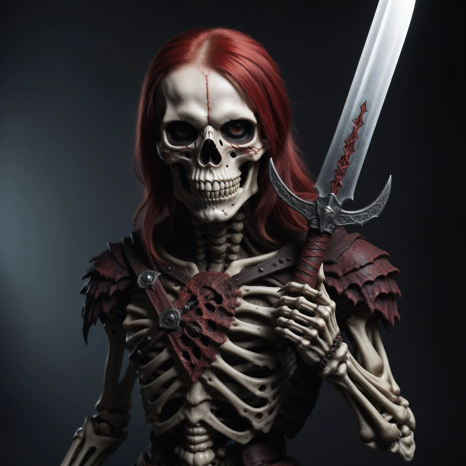 <lora:Renaissance_Impressions_Chiaroscuro:0.8> <lora:Zenkai_V01_E8_R30_LR3e-3:0.8>>First colour red second white third color black>RAW photo of AssassinKahb style a demonic looking skeleton holding a sword with red hair