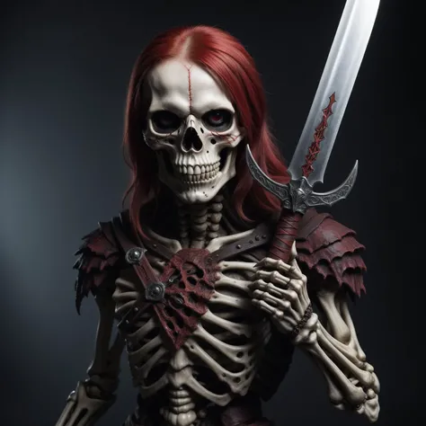 <lora:Renaissance_Impressions_Chiaroscuro:0.8> <lora:Zenkai_V01_E8_R30_LR3e-3:0.8>>First colour red second white third color black>RAW photo of AssassinKahb style a demonic looking skeleton holding a sword with red hair