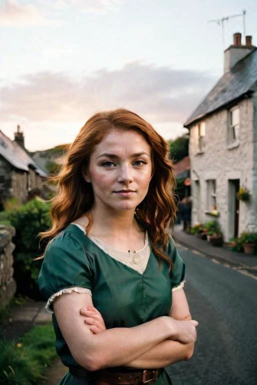 In a picturesque Irish village, there's Keeva O'Cannon, a fiery-haired woman embodying the spirit of Ireland. Her strength is evident in every line on her face, yet her lively humor and welcoming nature light up the town. Her home is a haven for all, where laughter flows freely and stories are shared over hearty meals. Family is her heart, and she cherishes her connections with loved ones. As the sun sets, she stands proudly, a true daughter of Ireland, radiating its warmth and resilience for all to see.
arms crossed portrait
<lora:add-detail-xl:0.8>
<lora:AnalogRedmondV2-Analog-AnalogRedmAF:0.8> analog, AnalogRedmAF
<lora:people_005_cosine_iter2_ 0000005_sdxl_10epoches_adafactor:0.8>