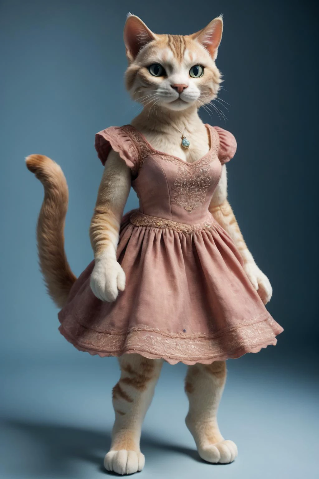 photo of anthro cat standing wearing plush dress with embroiled text talos