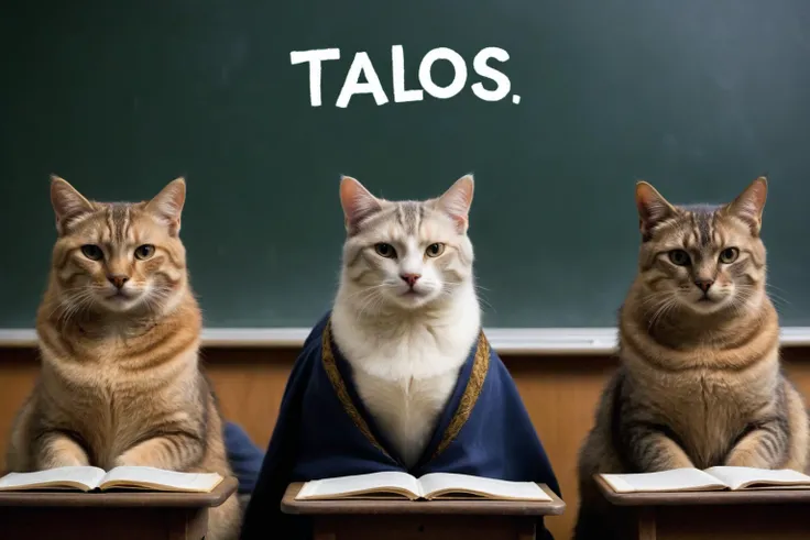photo of cats sitting in class, word "Talos" on blackboard