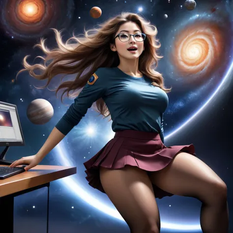Space-themed (masterpiece,best quality, ultra realistic, 32k, detailed skin, 8k uhd, high quality:1.3), a lewd lady with long messy hair, wearing glasses and tight skirt with pantyhose, nose blush, half-closed eyes, open mouth, lying on the desk, back down, spreading legs, front view, full body, solo . Cosmic, celestial, stars, galaxies, nebulas, planets, science fiction, highly detailed