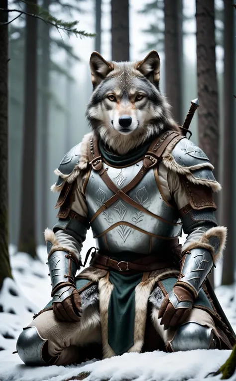 cinematic film still, wolf sitting, wild, forrest, snow, rune armor, rune glass armor