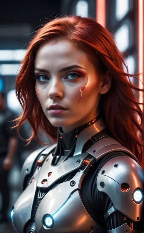 A Photograph capturing the essence of a young cyborg woman with fiery red hair. Her face fills the frame, bathed in neon hues, exuding determination and mystery amidst a futuristic backdrop.