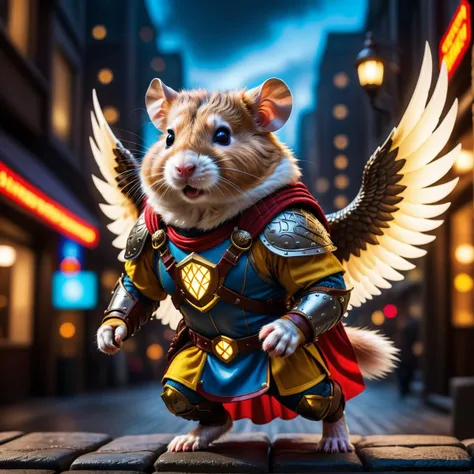 A Photograph of a hamster superhero wearing viking armor, soaring through a neon-lit metropolis, radiating courage and determination amidst electrifying colors.