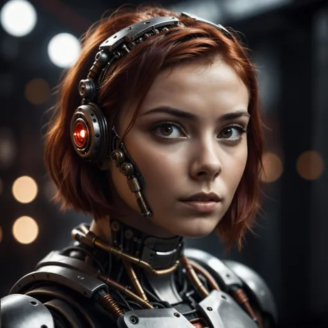 cinematic film still, young woman, cyborg, robot, ((face portrait:1.4)), 18 years old, metal parts, red short hair, rust, amazing details dark atmosphere, shallow depth of field, vignette, highly detailed, high budget, bokeh, cinemascope, moody, epic, gorgeous, film grain, grainy