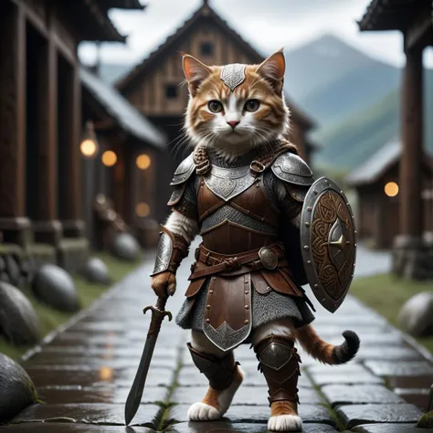 cinematic film still awardwinning photo cute cat, rust, epic, viking knotwork, wearing armor and shield, full body . shallow depth of field, vignette, highly detailed, high budget, bokeh . shallow depth of field, vignette, highly detailed, high budget, bokeh, cinemascope, moody, epic, gorgeous, film grain, grainy