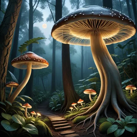 Hyperrealistic Create an intricate and mesmerizing digital artwork of a lush, enchanted forest at twilight, where fireflies and mystical creatures come to life among the ancient trees and glowing mushrooms.. Extremely high-resolution details, photographic, realism pushed to extreme, fine texture, incredibly lifelike.