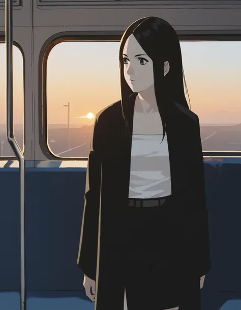 score_9,  score_8_up, score_7_up, source_anime, <lora:ray-animation-ponyxl:1> kasuganoray, pale skin, black coat, black hair, tube top, black skirt,
1girl, train interior, hand grip, looking to the side, sunset