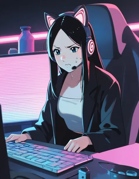 score_9,  score_8_up, score_7_up, source_anime, <lora:ray-animation-ponyxl:1> kasuganoray, parted bangs, black coat, black hair, tube top, black skirt,
1girl, headset, gaming chair, cat ear headphones, neon lights, sweat, wavy mouth, monitor