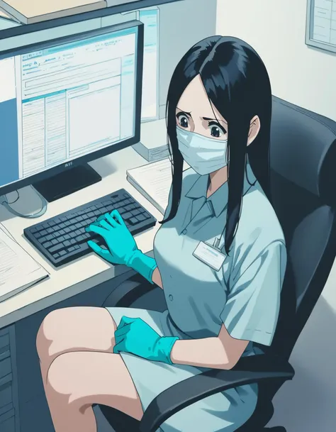 score_9,  score_8_up, score_7_up, source_anime, <lora:ray-animation-ponyxl:1> kasuganoray, pale skin, long hair, scrubs, surgical mask,
1girl, solo, rubber gloves, sitting, office, keyboard, monitor, worried