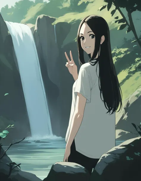 score_9,  score_8_up, score_7_up, source_anime, <lora:ray-animation-ponyxl:1> kasuganoray, long hair, parted bangs,
1girl, waterfall, hiking, looking back, looking at viewer, v, smile