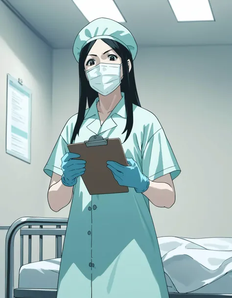 score_9,  score_8_up, score_7_up, source_anime, <lora:ray-animation-ponyxl:1> kasuganoray, pale skin, long hair, scrubs, surgical mask, surgical cap,
1girl, solo, rubber gloves, clipboard, looking down, furrowed brow, privacy screen, hospital bed, standing