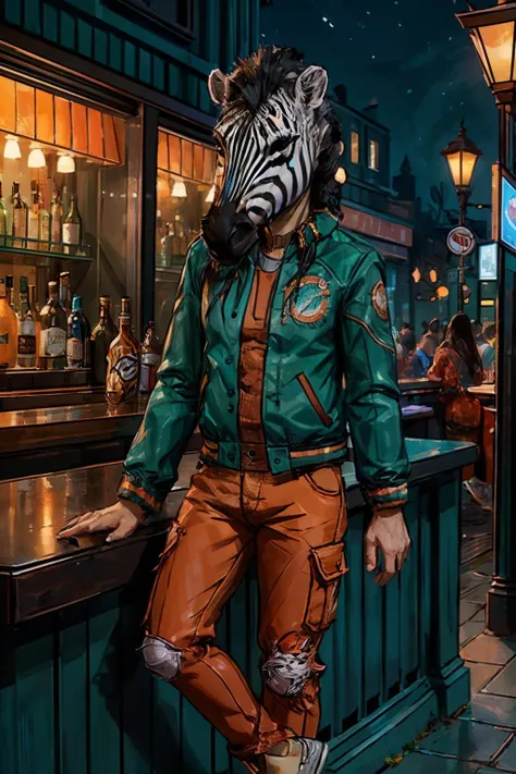 HLMCorey, Teal jacket, orange pants, zebra mask, looking at viewer, outside, bar, parkinglot, night time, high quality, masterpiece, <lora:HLMCorey:.8>