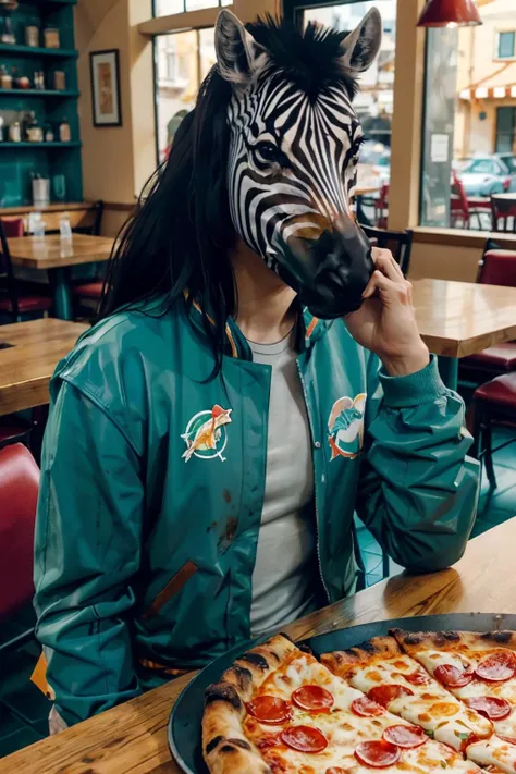 HLMCorey, woman, teal jacket, zebra mask, looking at viewer, upper body shot, sitting behind a table, inside a pizzeria, table full of food, slice of pizza, soft lighting, high quality, masterpiece, <lora:HLMCorey:.8>