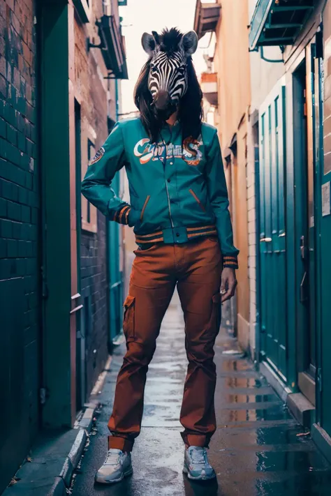 HLMCorey, teal jacket, orange pants, zebra mask, looking at viewer, standing, hand on hips, outside, city, street, alleyway, night time, high quality, masterpiece, <lora:HLMCorey:.8>