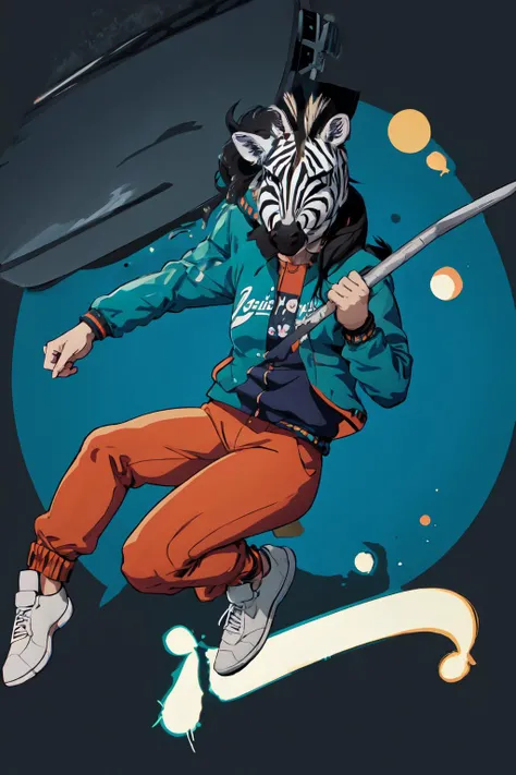 hlmcorey,1girl,teal jacket,orange pants,jumping towards viewer,holding axe, <lora:HLMCorey:0.8>