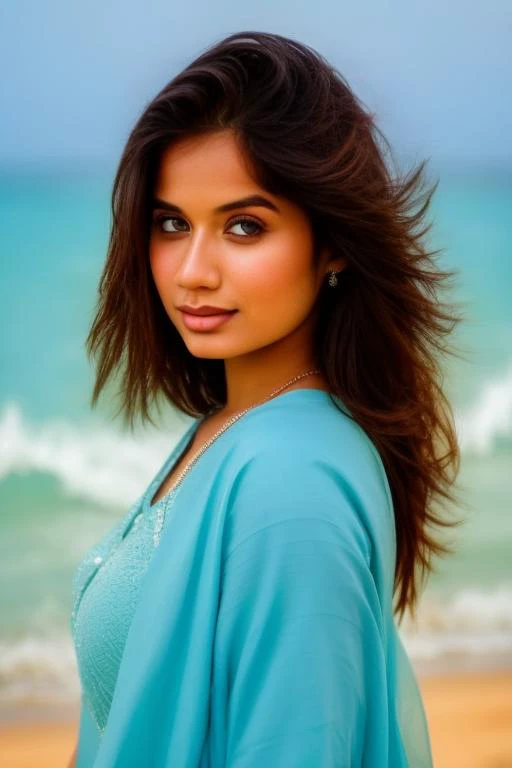 high quality, photo of a 25-year-old woman, in short light blue frolk , Closeup Shot, at beach , Ambiant light, Cinematick Shot, lens 85 mm , bokeh Background, jannatz, <lora:jannatz:1>