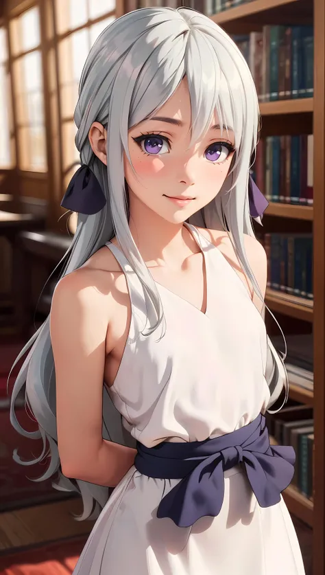 (best quality, masterpiece, perfect face, beautiful and aesthetic:1.2, colorful, dynamic angle, highest detailed face) (library background), 1girl, solo, (blushed, blank expression:1.1), highres, shiina hiyori, long hair, solo, white skirt, white dress, purple eyes, (hands behind her back), bow, smile, looking at viewer, grey hair, ribbon, hair ribbon, <lora:Shiina Hiyori:0.8>