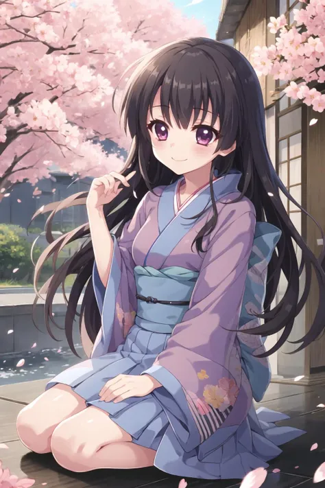 1girl, solo, ichikishima mizuha \(re:stage!\), black hair, very long hair, darkmagenta eyes, kimono \(mizuha seifuku\), smile, cherry blossoms, petals, hanami, wind, seiza, <lora:ichikishima mizuha v1 test12-000018:0.85>