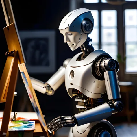 An intricate, high-detail photograph of a humanoid robot painting a masterpiece in an artist's studio, taken with a Sigma 85mm f/1.4