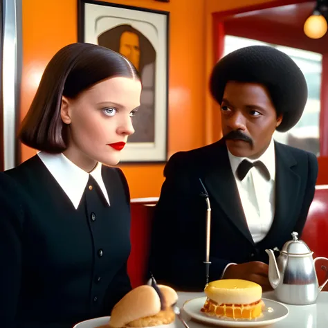 A vivid, intricate, high-detail photograph of Wednesday Addams and Jules Winnfield sharing breakfast at one of Pulp Fiction's iconic diners, Sigma 85 mm f/1.4