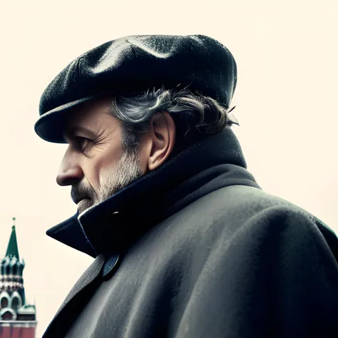 A vivid, intricate, high-detail photograph of the grizzled Soviet detective Arkady Renko, in profile, wearing a long coat during the depths of a Moscow winter; the buildings of Moscow’s Red Square are just visible in the background