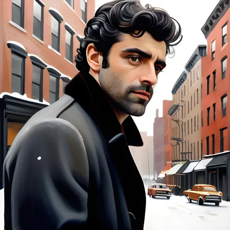 A Charles Demuth painting of New York folk musician Llewyn Davis (played by Oscar Isaac) on a snowy Greenwich Village street corner, commissioned to promote “Inside Llewyn Davis”