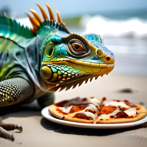 An intricate, high-detail photograph of a biomechanical cyborg iguana on a beach, eyeing a nearby pizza with hunger in its eyes, taken with a Sigma 85mm f/1.4