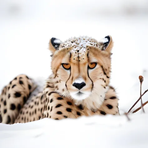 An intricate, high-detail photograph of a cheetah rolling in the snow, its eyes staring straight into the camera lens full of longing, taken with a Sigma 85mm f/1.4